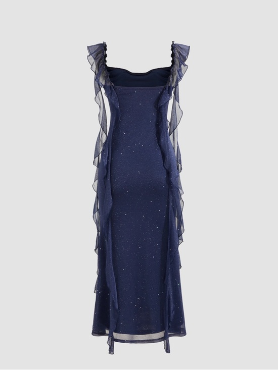Navy Sparkle Mesh Ruffle Sheath Dress - Picture 2 of 3